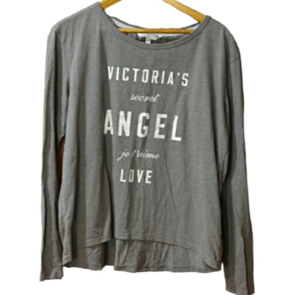 VICTORIA'S SECRET Gray Angel Soft Long Sleeve Tee Love Je T’aime Small Oversize